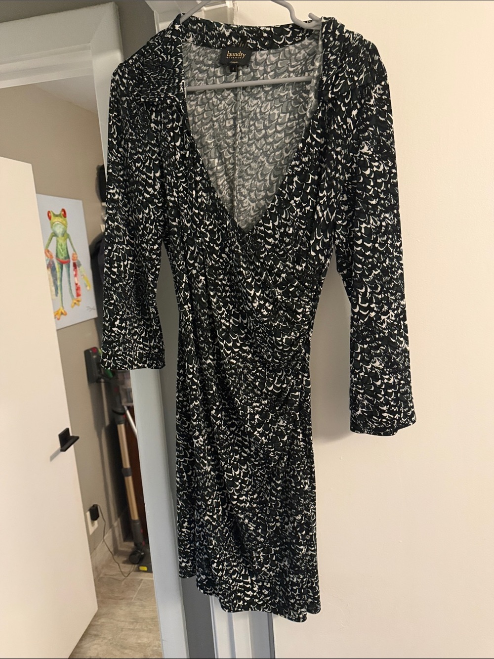 Laundry by Design Black Green and White Faux-Wrap V-Neck Dress
